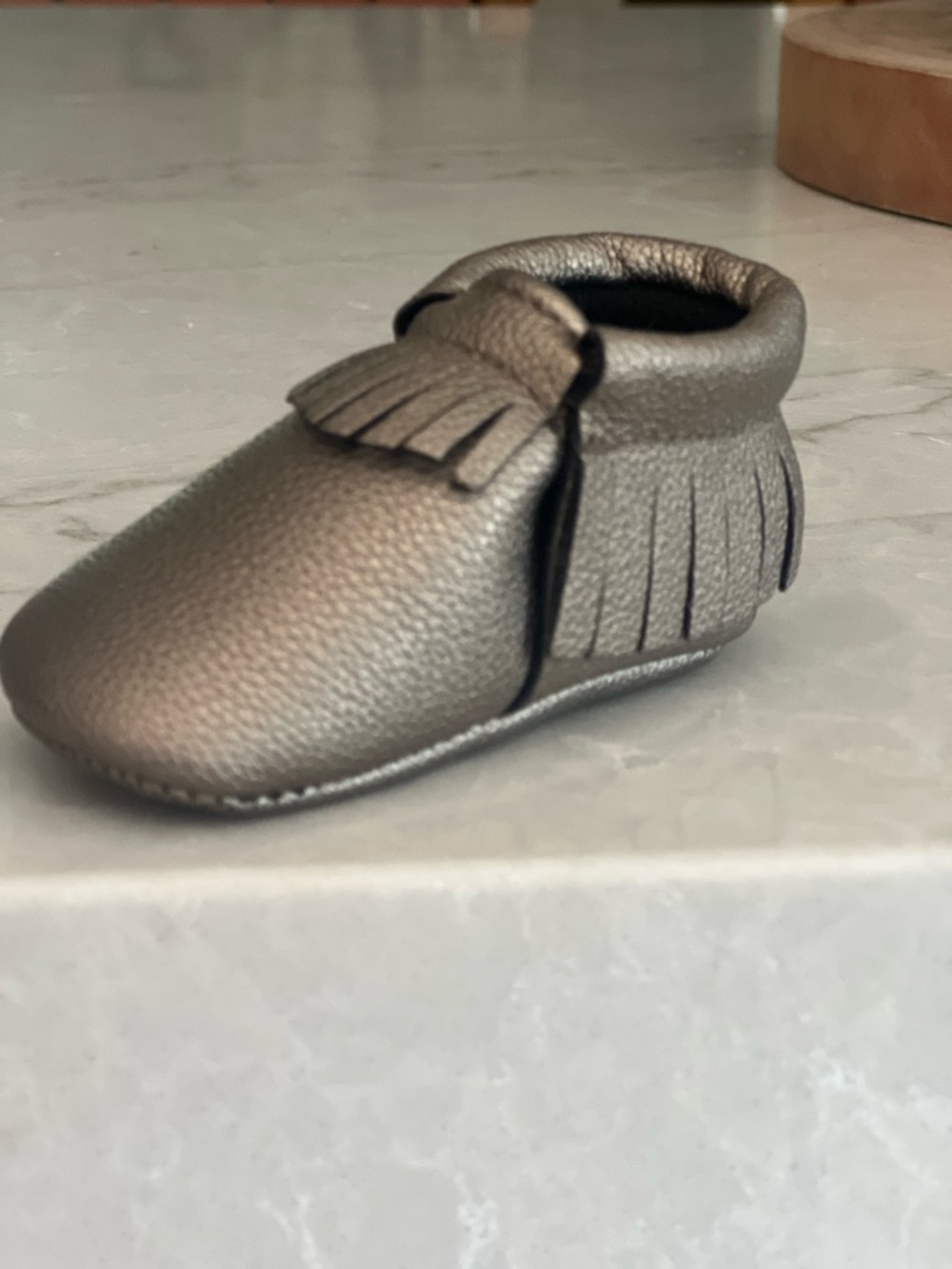 Metallic Fringe Baby Moccasins - Bronze